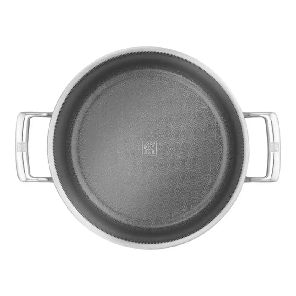 Gray non-stick frying pan with handles on a white background