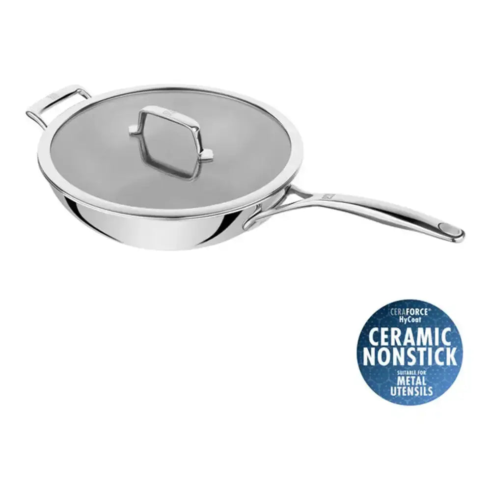 Stainless steel frying pan with lid on a white background, featuring CeraForce MyCoat ceramic nonstick coating label.