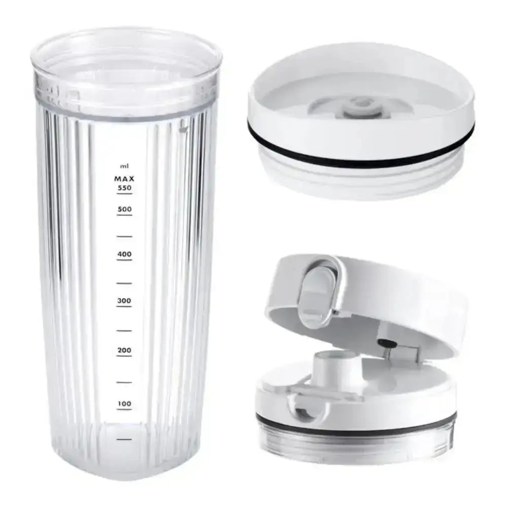 Clear blender container with white lid and base on a white background