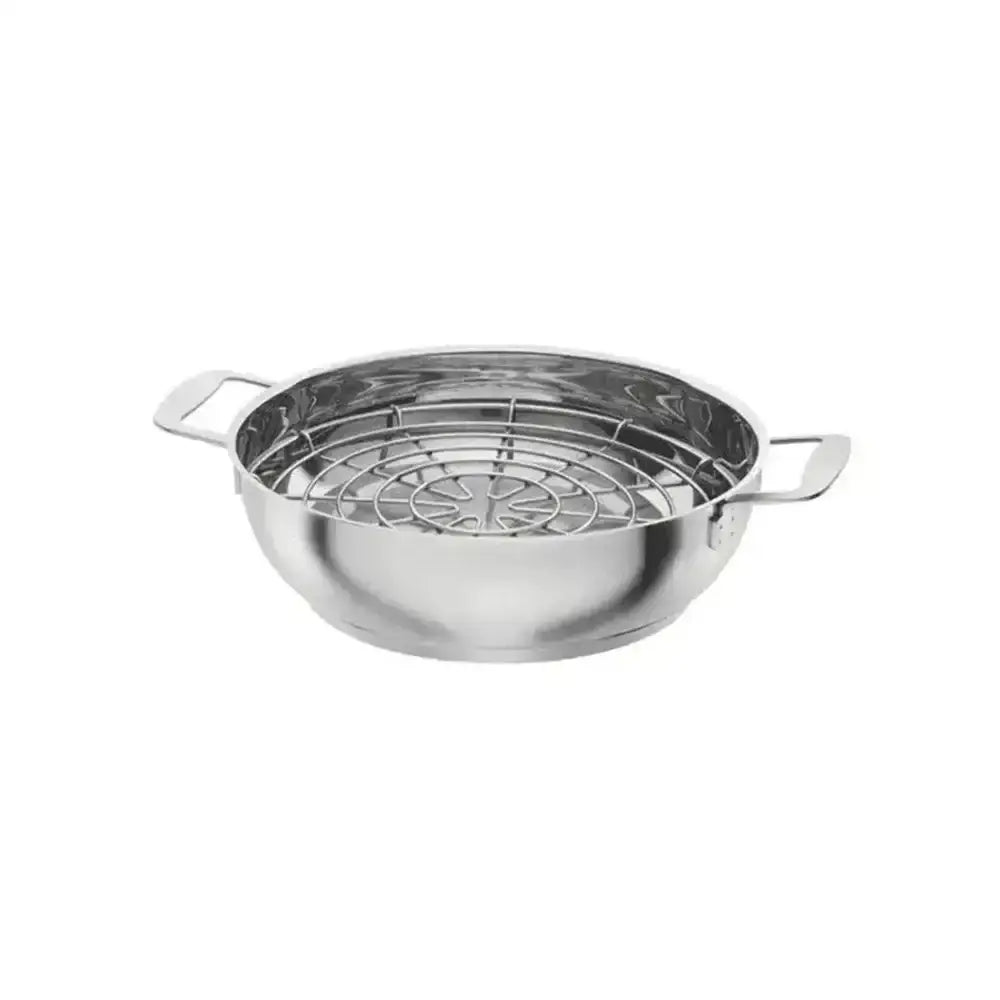 Stainless steel pot with a perforated lid on a white background