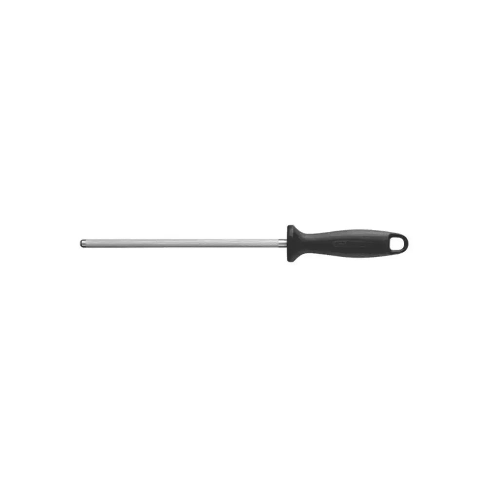 Black-handled metal rod on a white background
