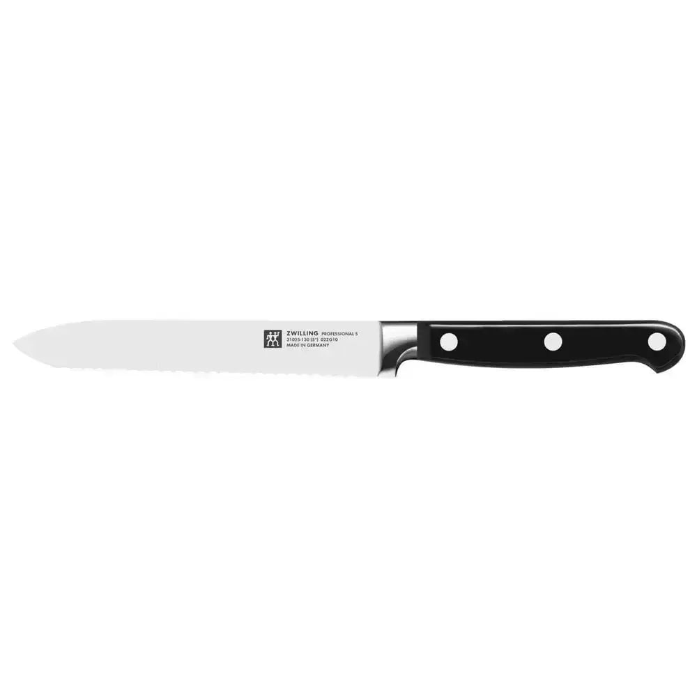 Knife with black handle and silver blade on a white background