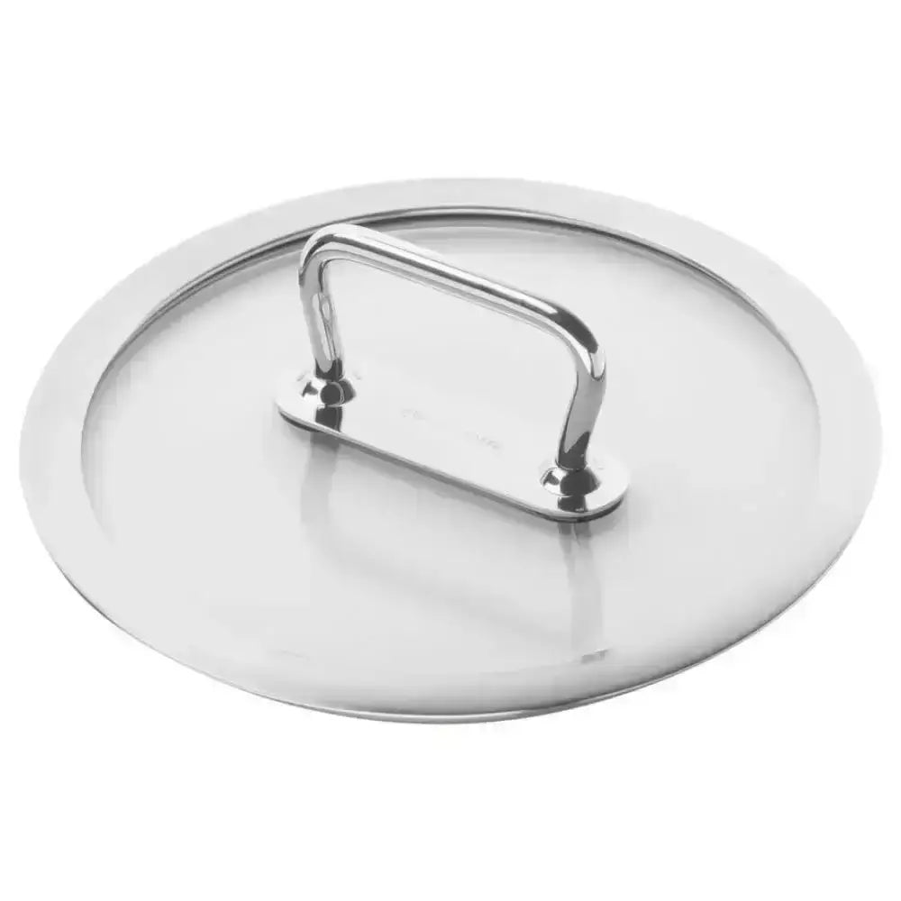Stainless steel pot lid with a handle on a white background