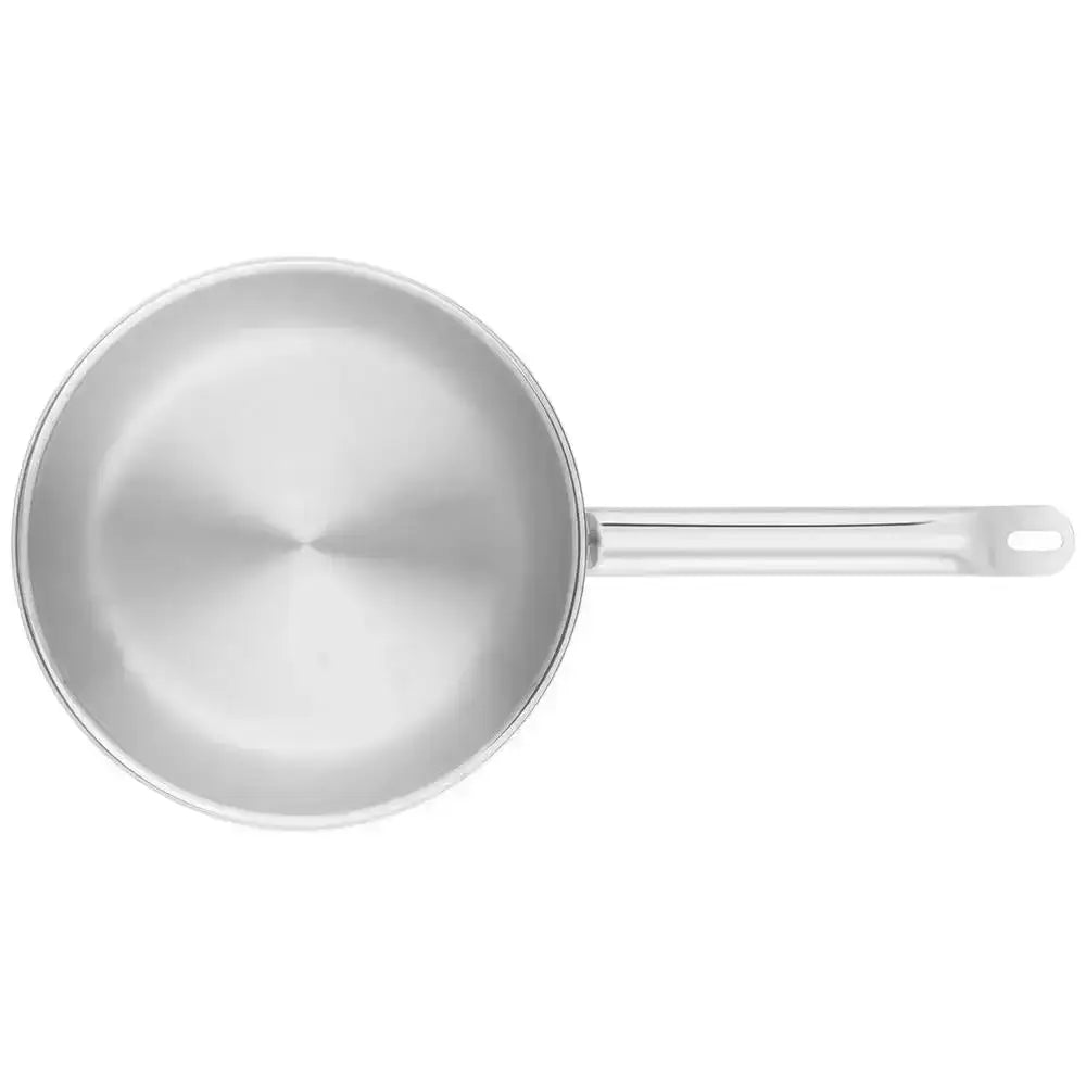 Stainless steel frying pan on a white background