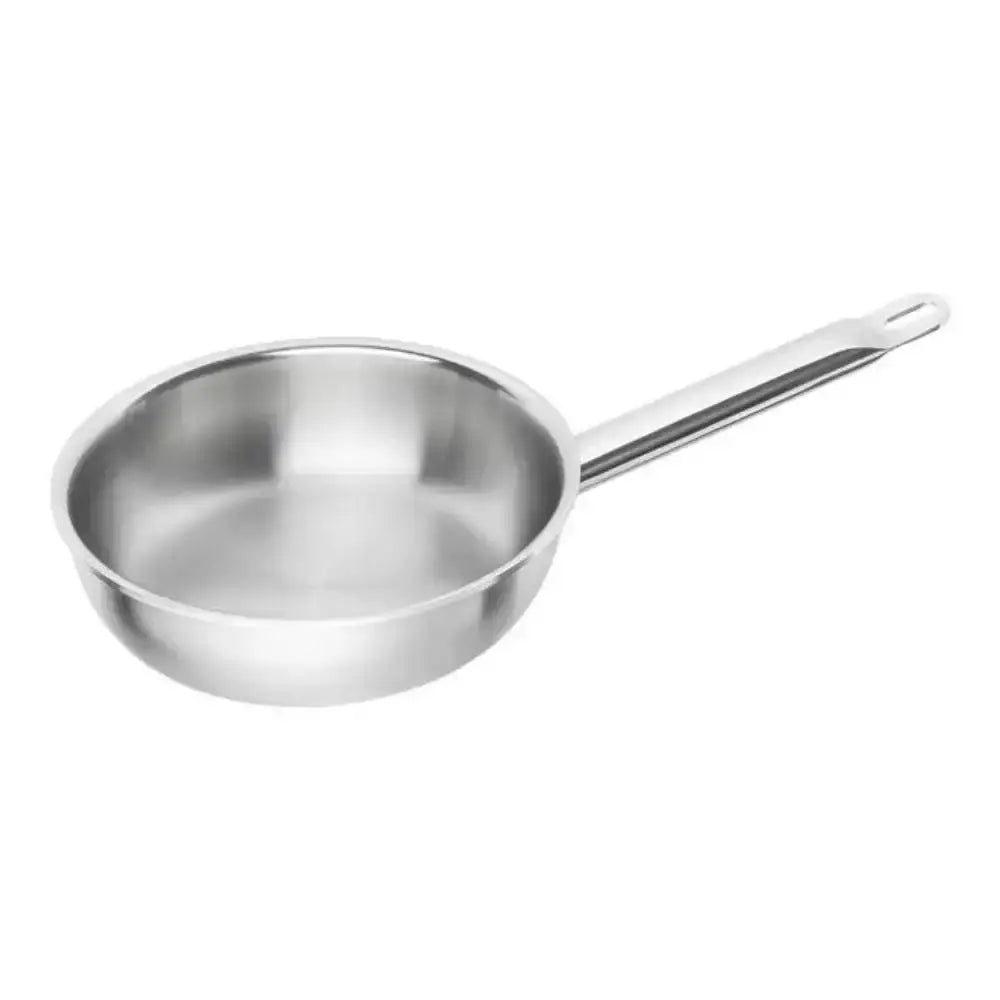 Stainless steel frying pan on a white background