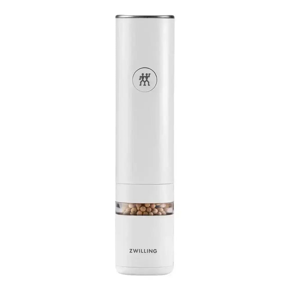 White electric pepper grinder with 'Zwilling' branding on a white background