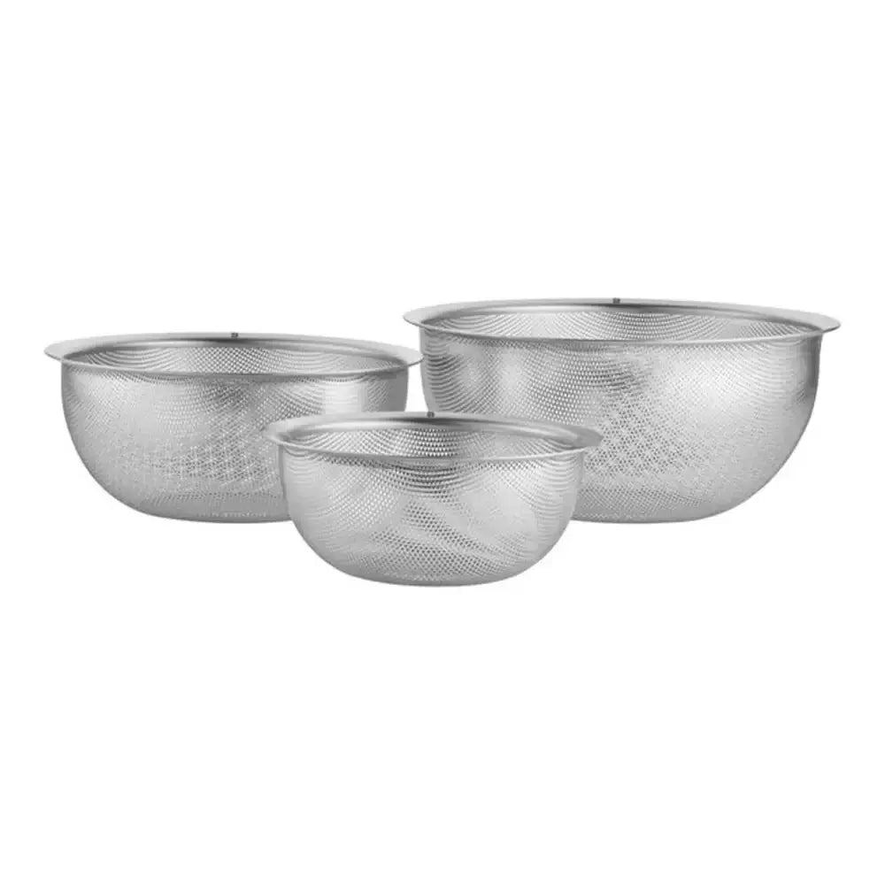 Set of three metal mesh colanders on a white background