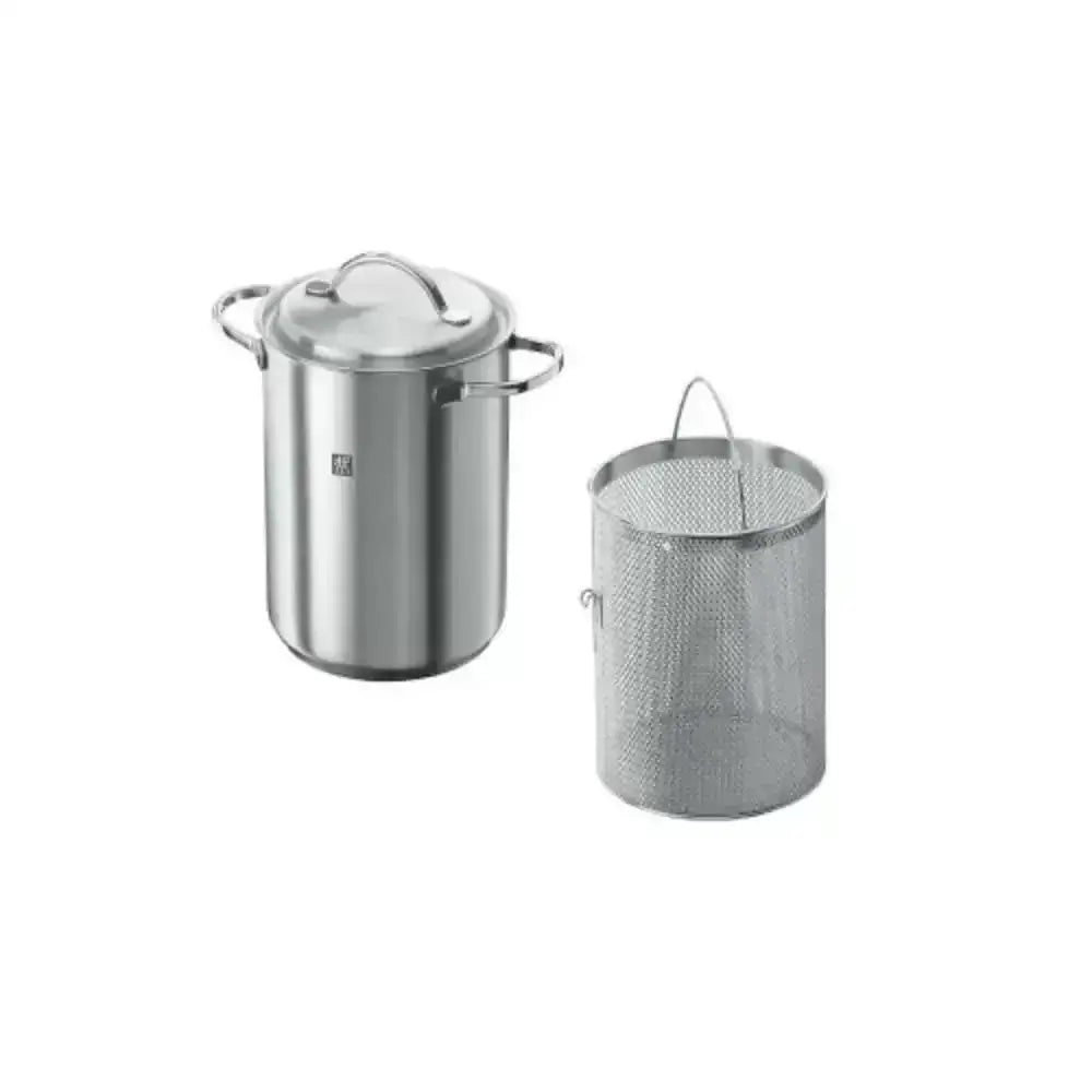 Stainless steel pot with lid and mesh strainer on a white background