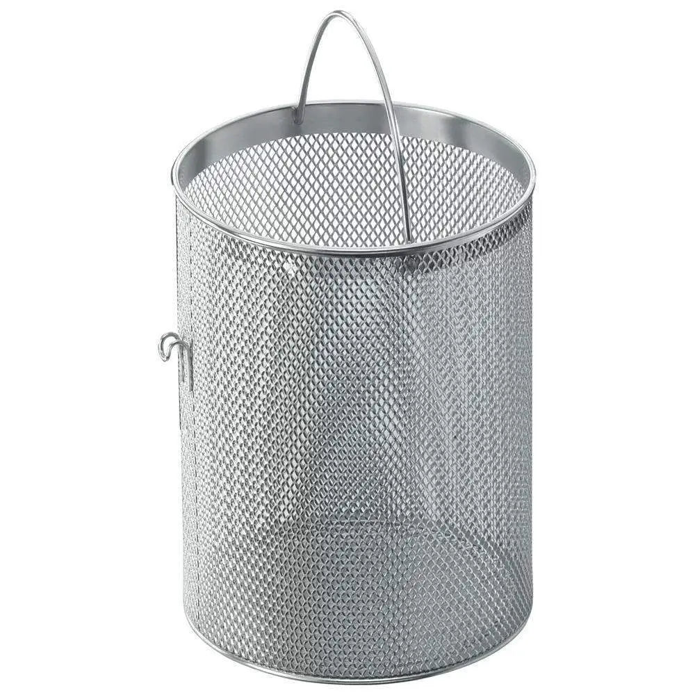 Metal mesh laundry basket on a white background