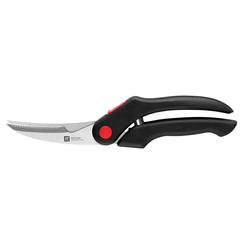 Pair of garden shears with black handles and a red button on a white background