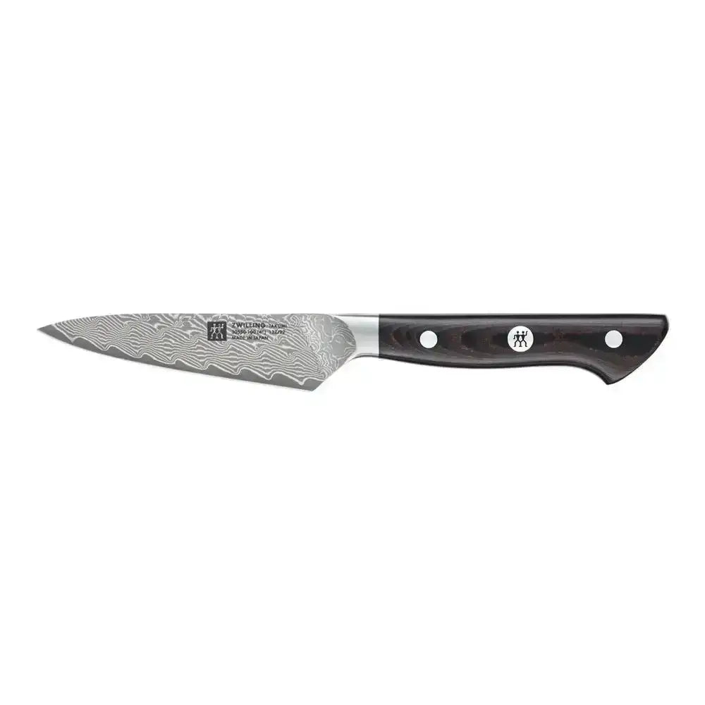 Knife with a black handle and silver blade on a white background