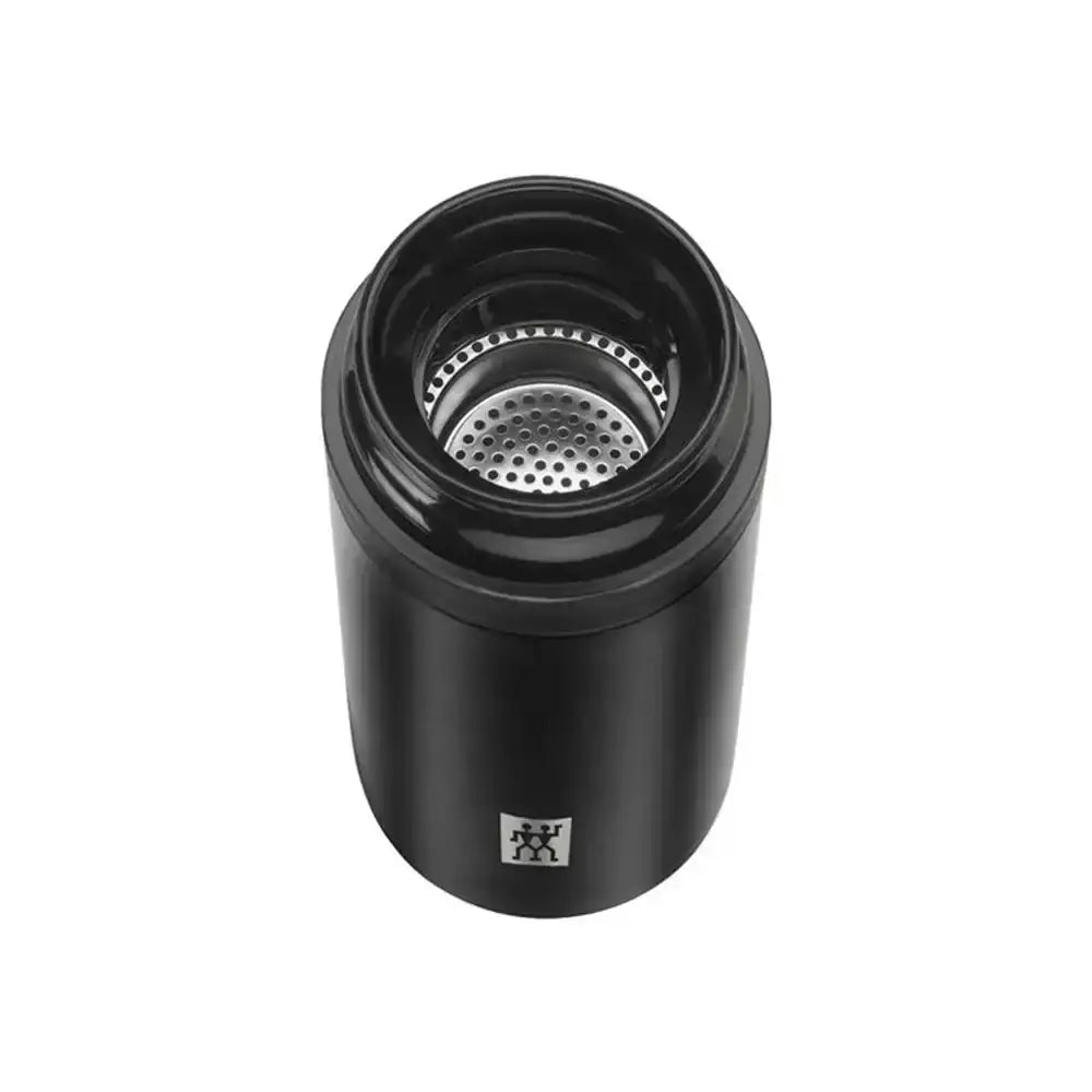 Black thermos with a mesh filter on a white background