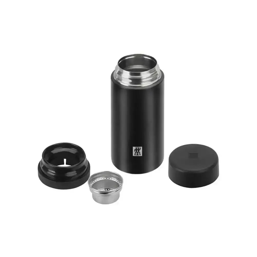 Black thermos with three additional components on a white background