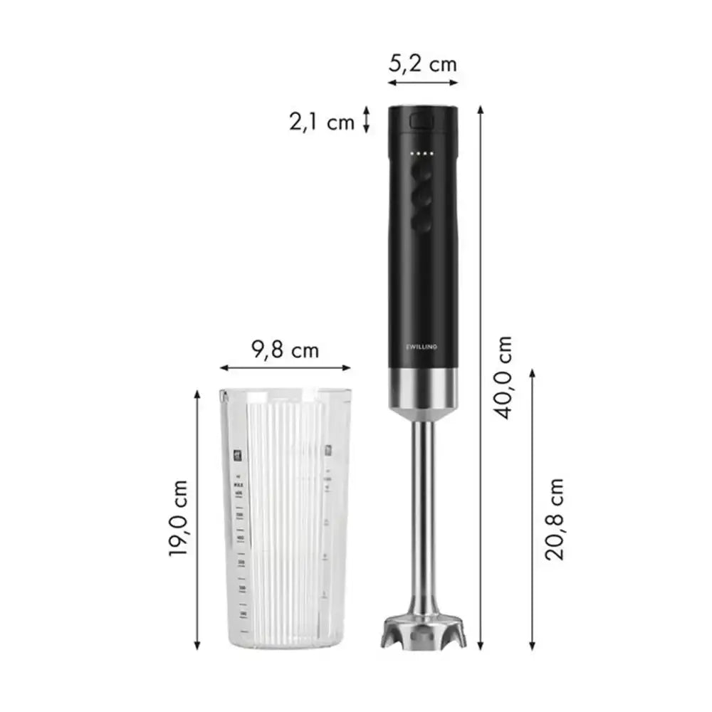 Measurement chart of a black immersion blender and a clear container on a white background