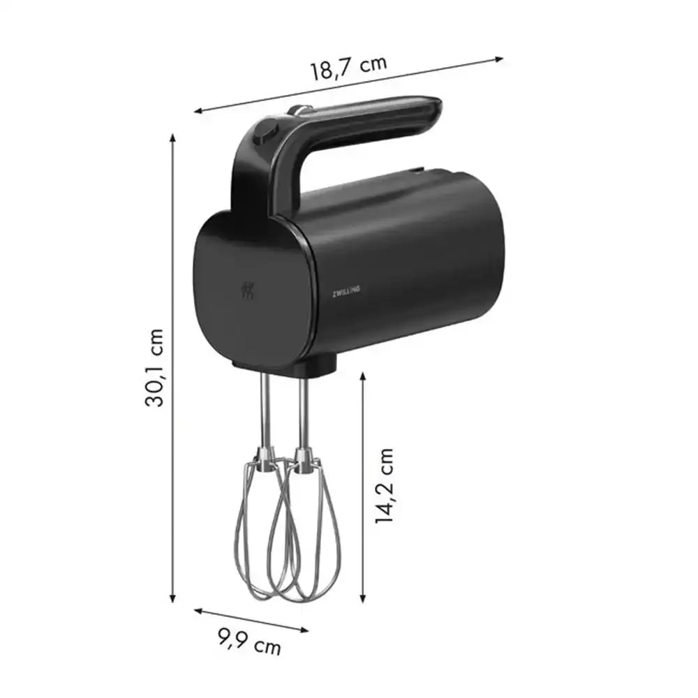 Black hand mixer with dimensions labeled on a white background
